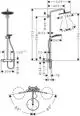 Hansgrohe Dusche mit großer Hauptbrause oben, Handbrause zur Seite, Thermostatsteuerung und verstellbarem Wandhalter. Technische Zeichnung mit Maßen und Anordnung dargestellt.